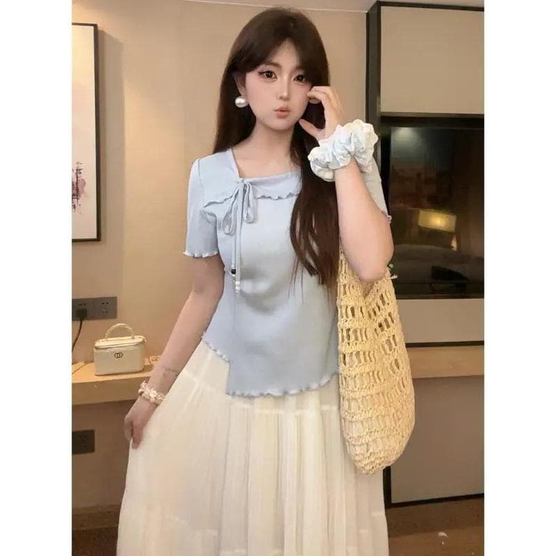 Novo estilo Plus Size roupas femininas gordura mm verão Design renda Irregular divisão topo fino-ajuste mais magro olhar