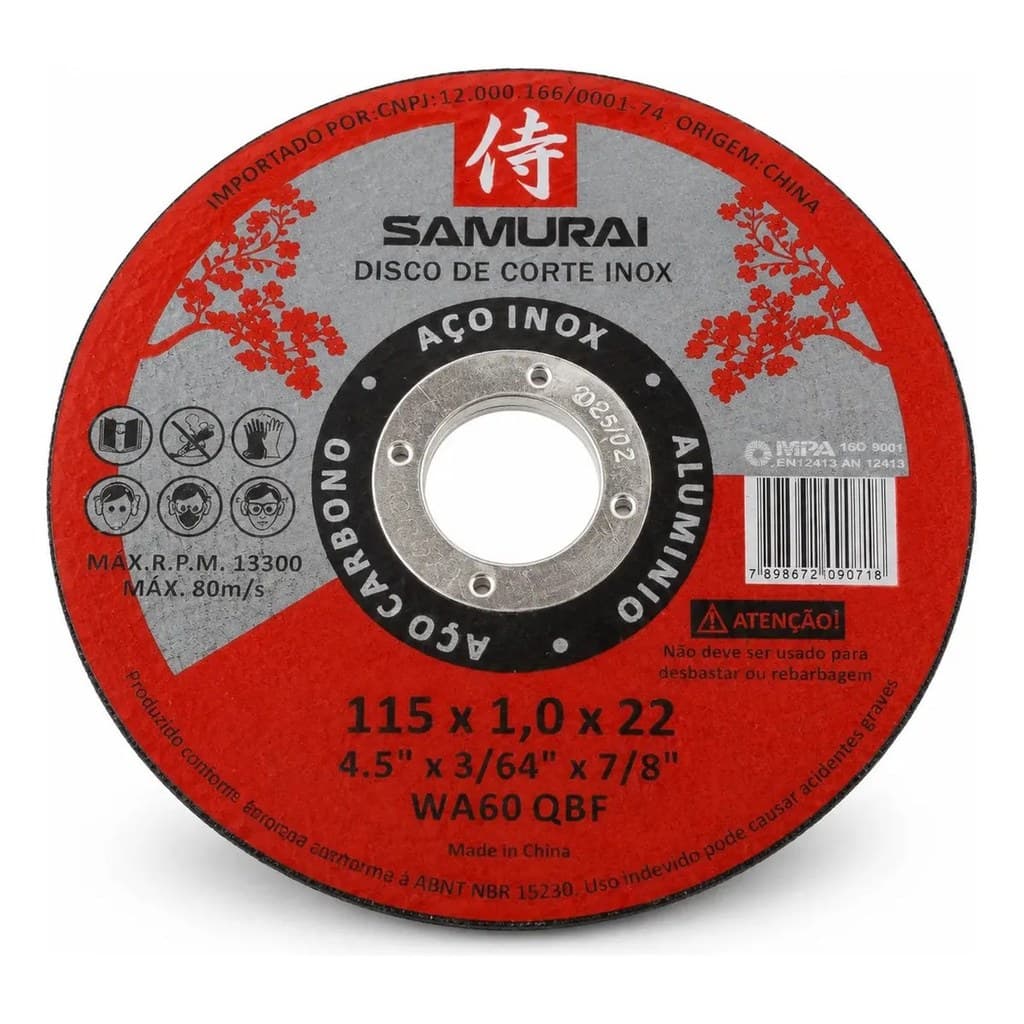 Kit 30 Discos Corte Aço Inox Fino 4.1/2 115x1,0x22 Samurai