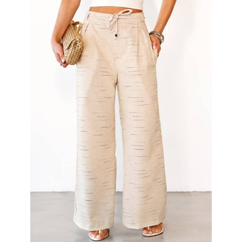Calça Pantalona Linho com Brilhos Bege Blogueira Chique