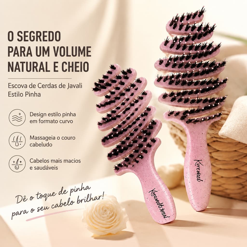 Escova de Cabelo com Cerdas de Javali Massageadora Antiestática para Volume, Modelagem e Cuidados Capilares
