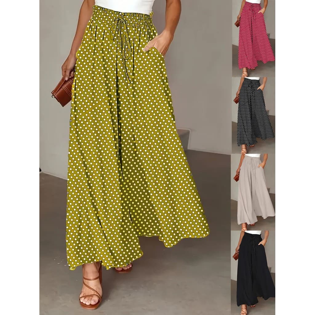 [Estilo mais vendido] Calças boêmias de pernas largas elásticas com estampa de bolinhas Culottes longos femininos [envio