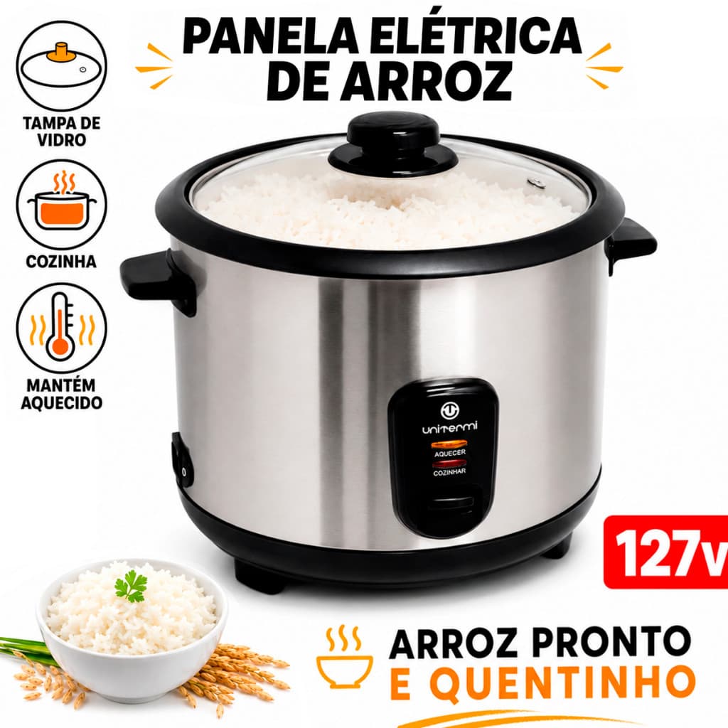 Panela de Arroz Elétrica Aço Inox Antiaderente 6 Xícaras UNITERMI 110/127V Prática Compacta