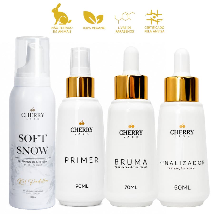 Kit Retenção Bruma + Primer + Finalizador + Soft Snow Espuma Limpeza Cherry Extensão Cílios Adesivo