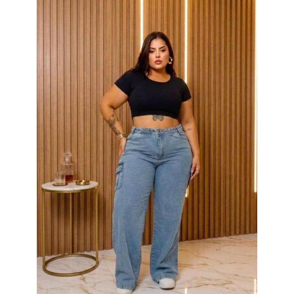 Calça Jeans Cargo Plus Size Wide Leg Cintura Alta Lavagem Azul Clara