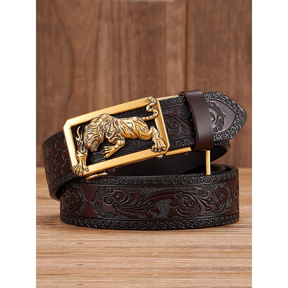 Cinto masculino tigre com fivela automática, cinto de couro de duas camadas em relevo, estilo étnico, grama Tang exclusi