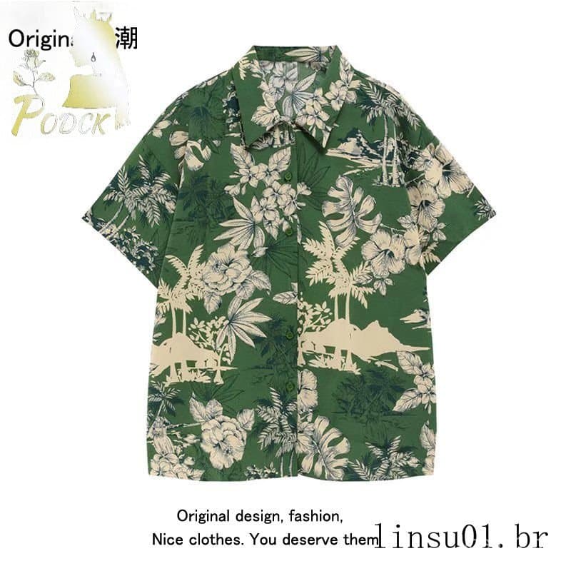 Camisa verde de manga curta masculina verão estilo fino estilo Hong Kong Retro Casual havaí viagem floral praia camisa f