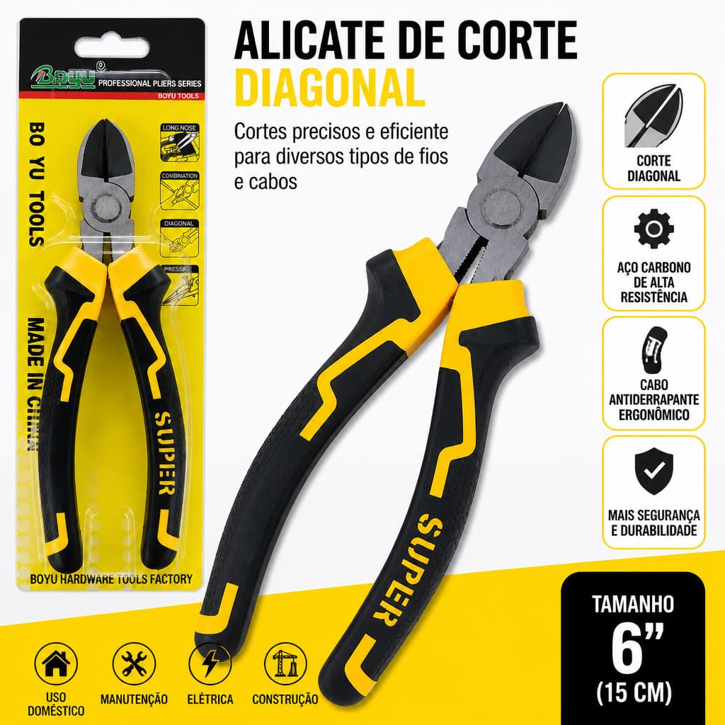 Alicate de Corte Afiado Diagonal Lateral Profissional Punho Antiderrapante para Eletricista Corte Fios Cabos Ferramenta