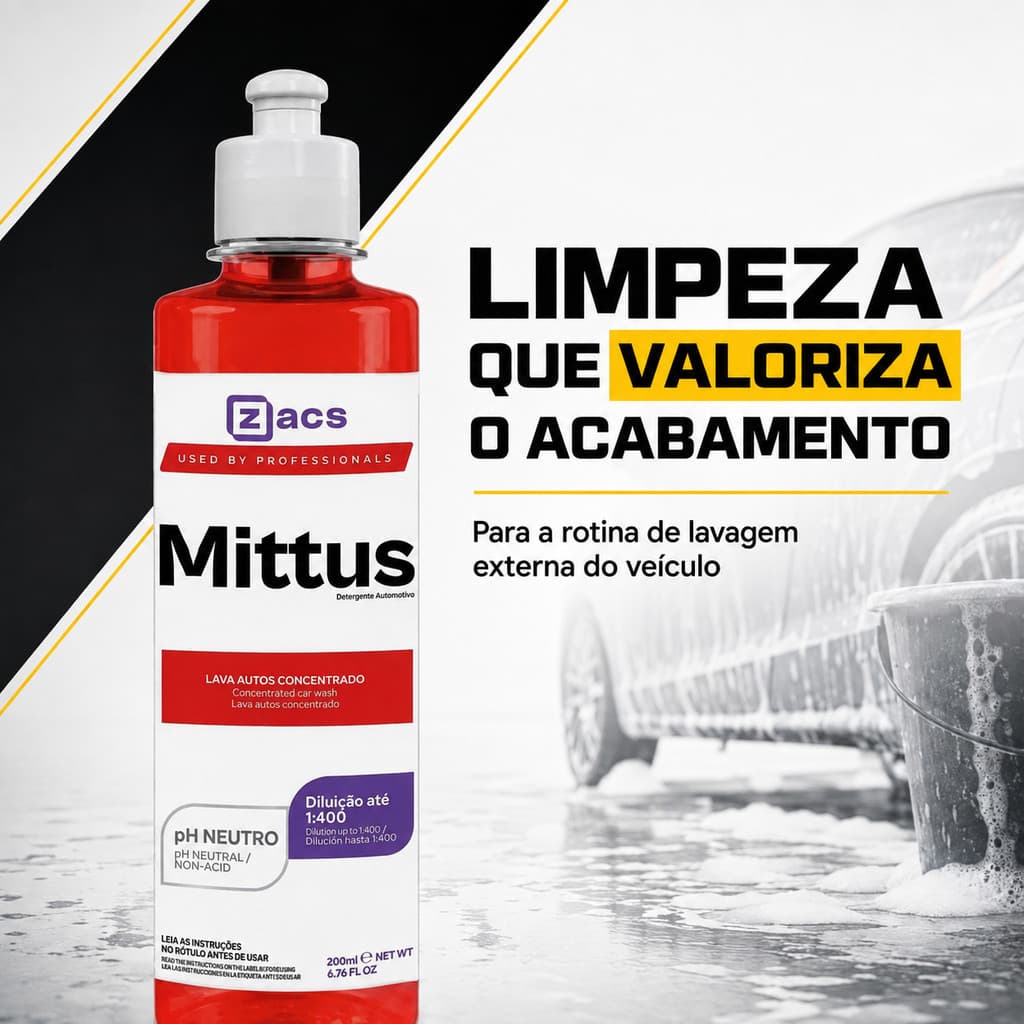 Mittus Zacs 200ml Lava Autos Shampoo Automotivo Limpeza Pintura Carro Moto Brilho e Cuidado