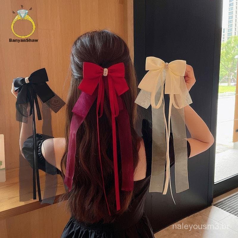 [BANY] Novo Laço Grande e Fofo para Mulheres e Meninas, Estilo Lolita, Fita Longa Sólida, Presilha de Cabelo Bonita, Fai
