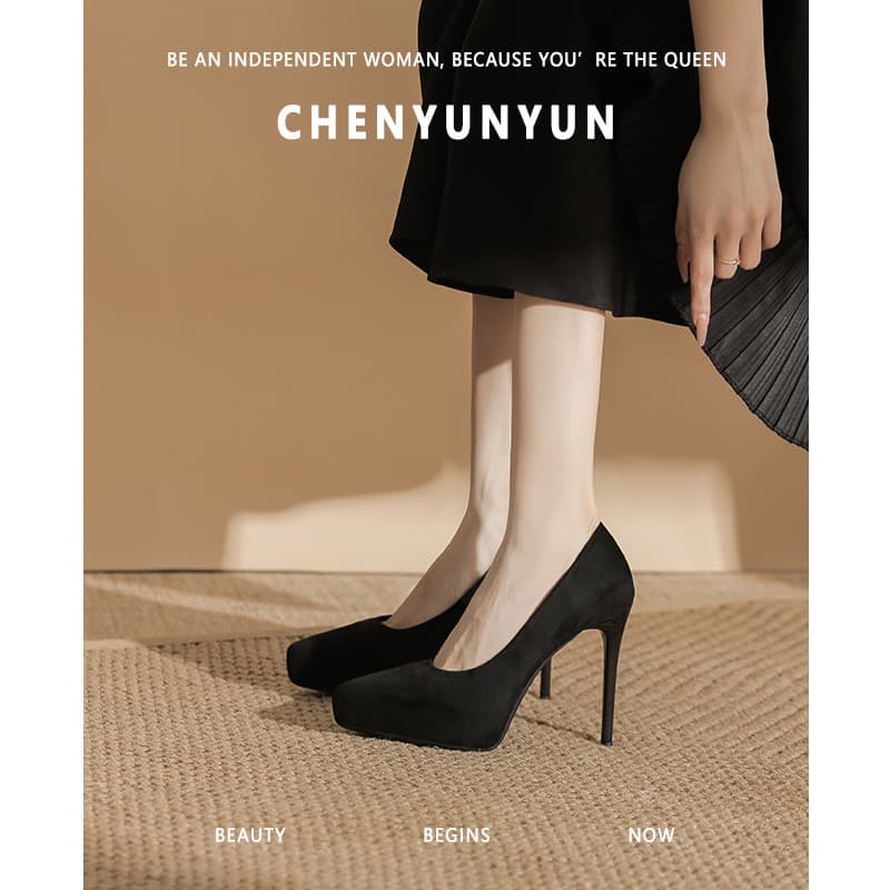 [Chen Yunyun] Plataforma de camurça estilete feminina de salto alto preto, não cansado, salto Super alto de 12 cm, sapat