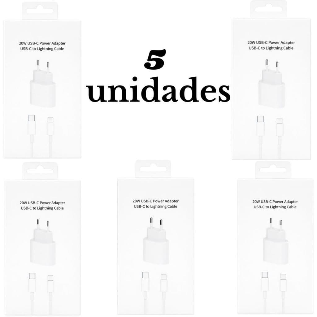 Kit 5 10 e 15 pcs Carregador iPhone Turbo 20W Fonte + Cabo USB-C Lightning Rápido