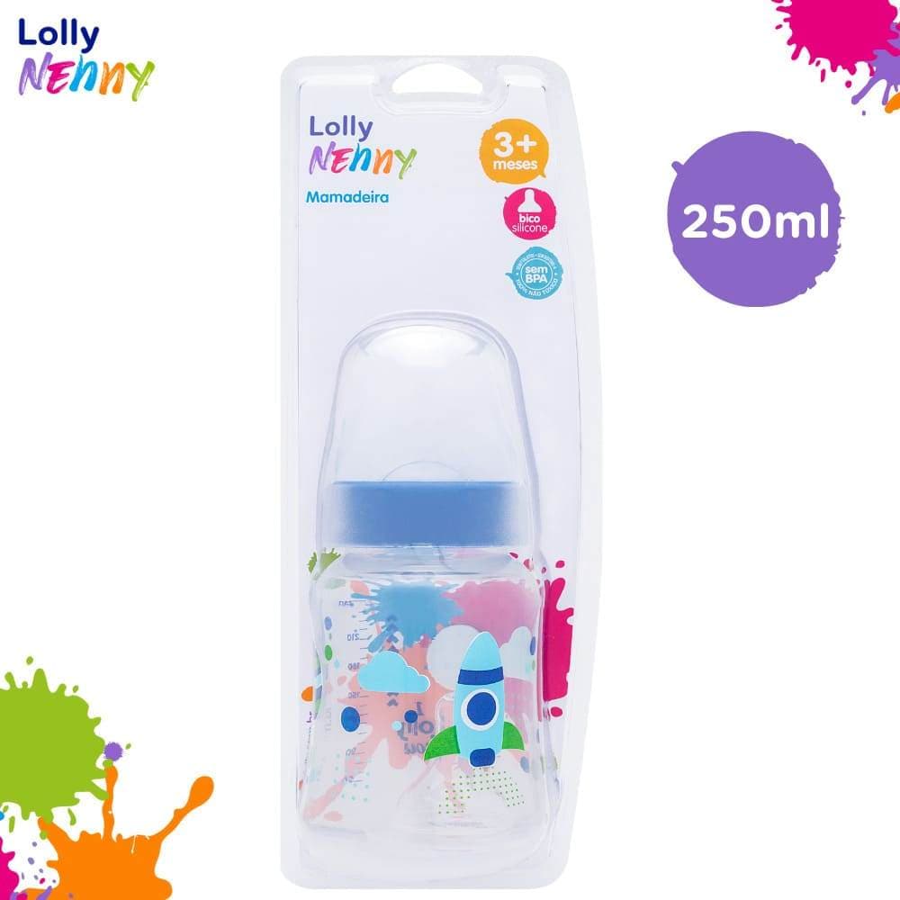 Mamadeira Bebê Big Viva 250ml Bico De Silicone Infantil Redondo Azul Lolly Nenny Com Tampa Antivazamento