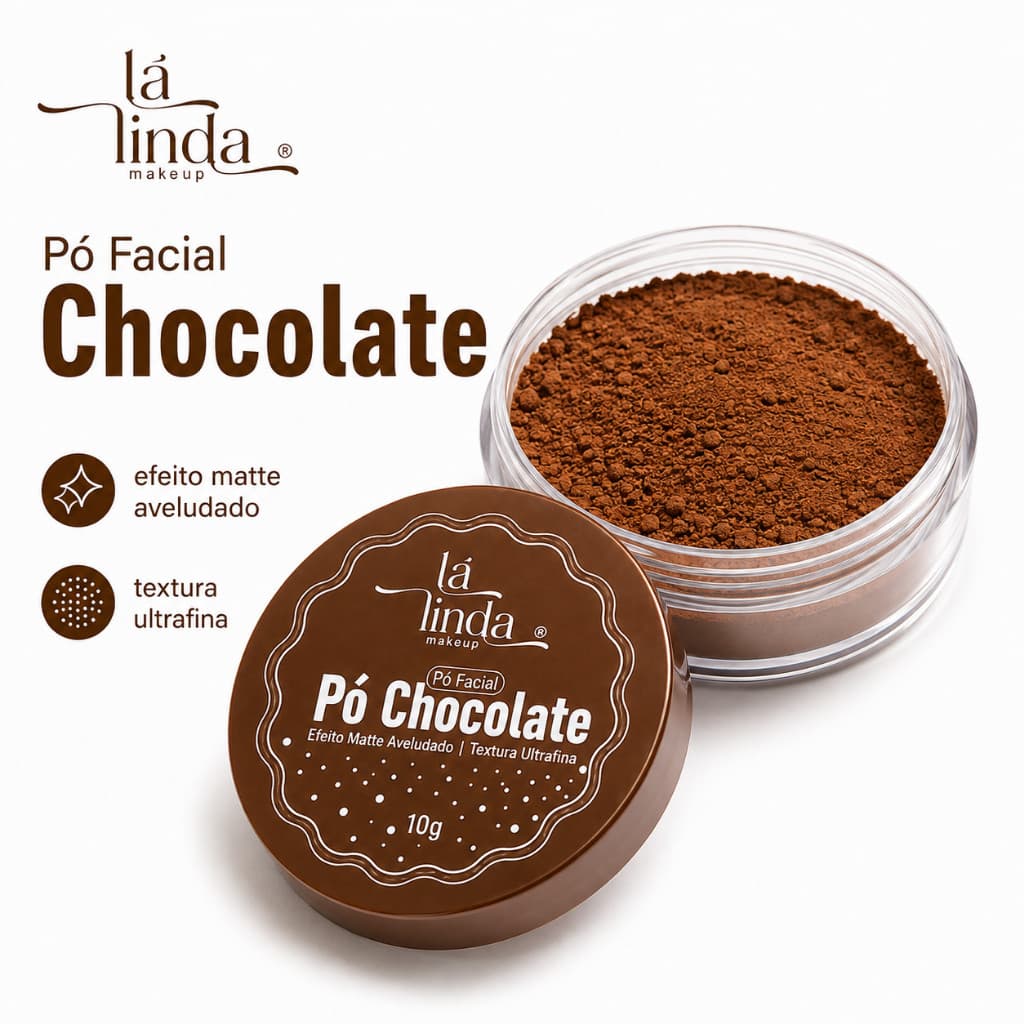 Pó Facial Chocolate Lá Linda Makeup 10g Efeito Matte Aveludado Textura Ultrafina