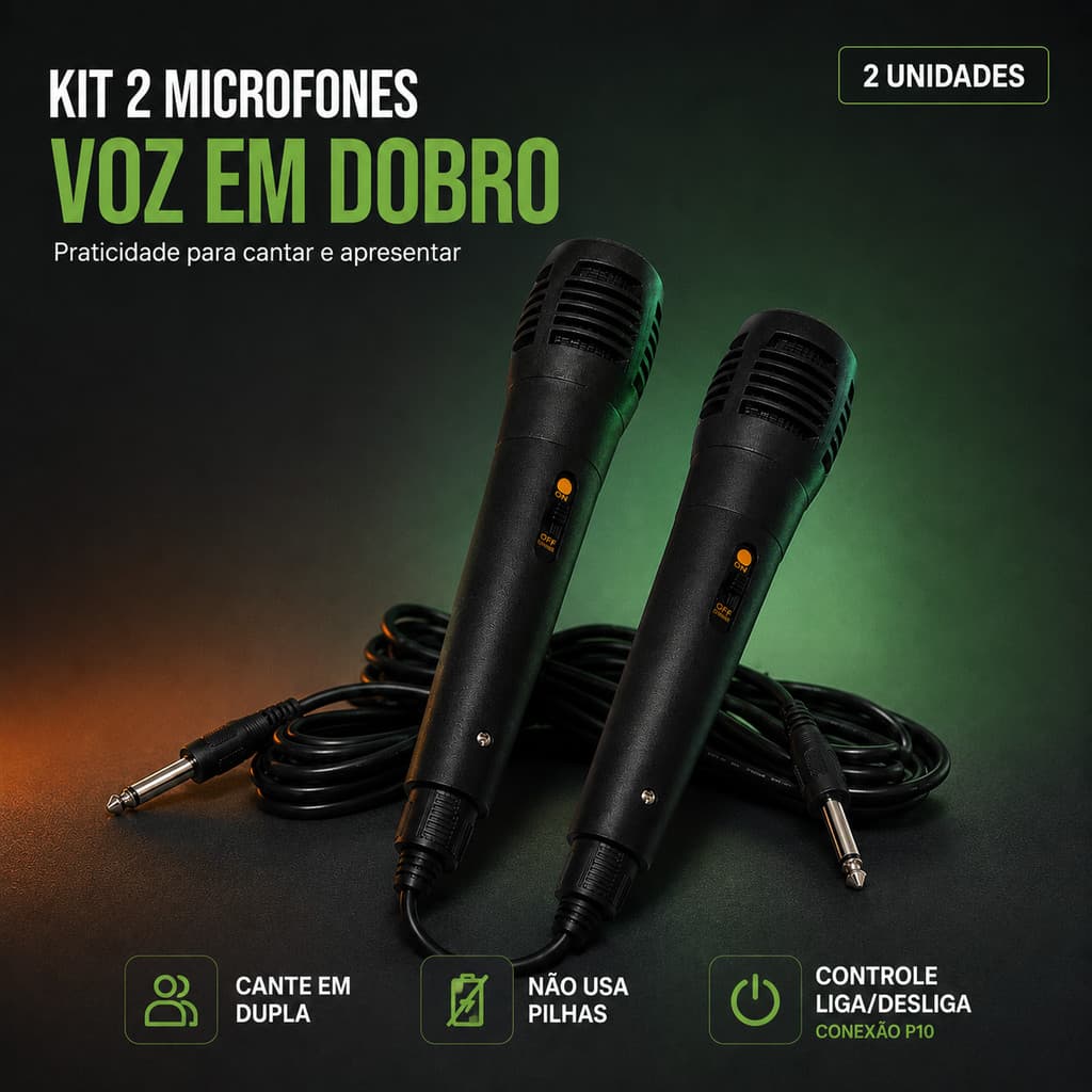 Kit 2 Microfones Dinâmicos Com Fio P10 Karaokê Palestra