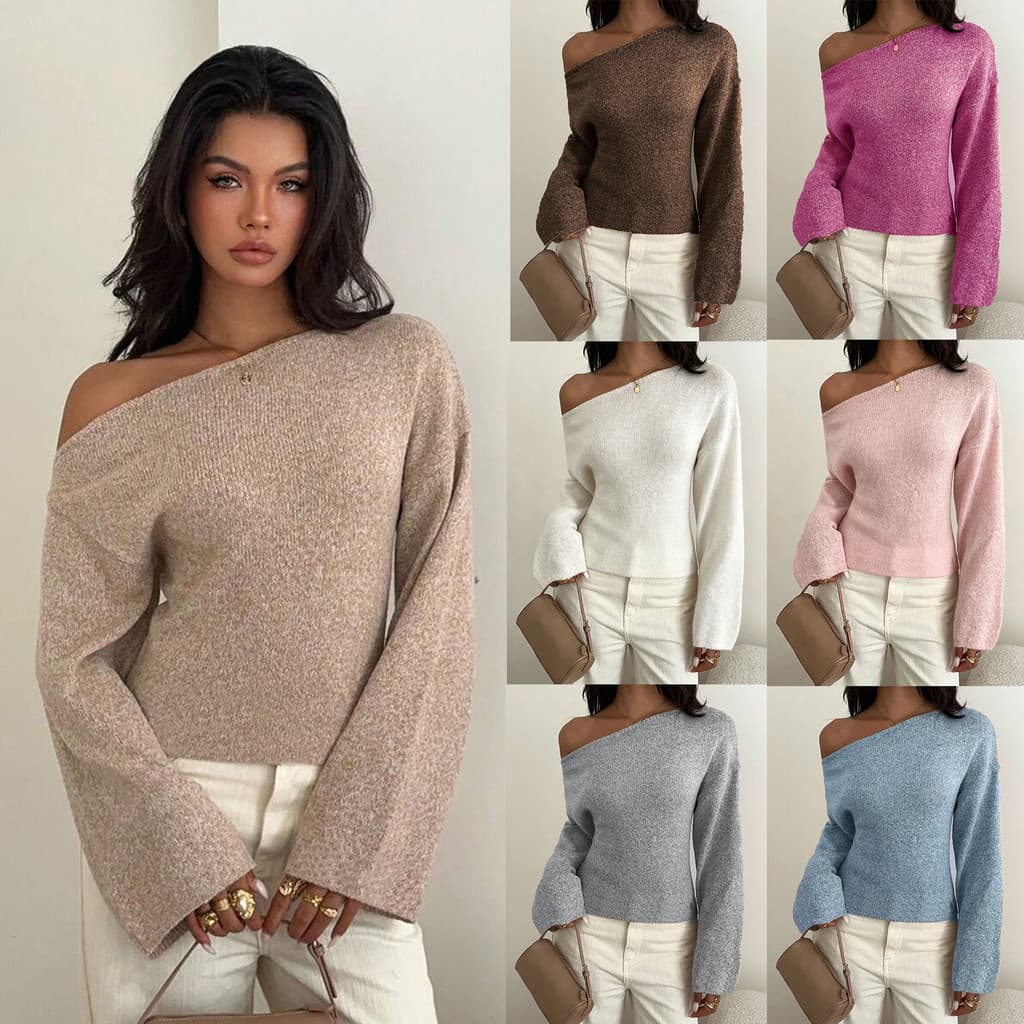 Novo estilo europeu e americano para o outono e inverno, blusa de malha com ombros à mostra para mulheres, blusa de mang