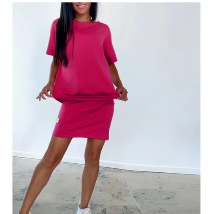 Cross-Border Casual verão terno cor sólida em torno do pescoço vestido de manga curta