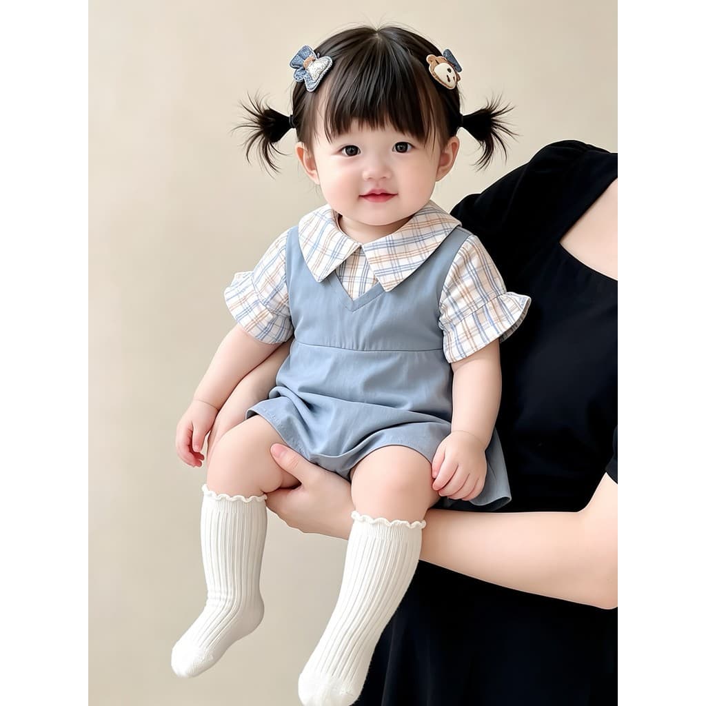 2026 novo estilo meninas azul estilo Preppy terno bebê menina pequena manga voadora lapela camisa crianças falso saia de