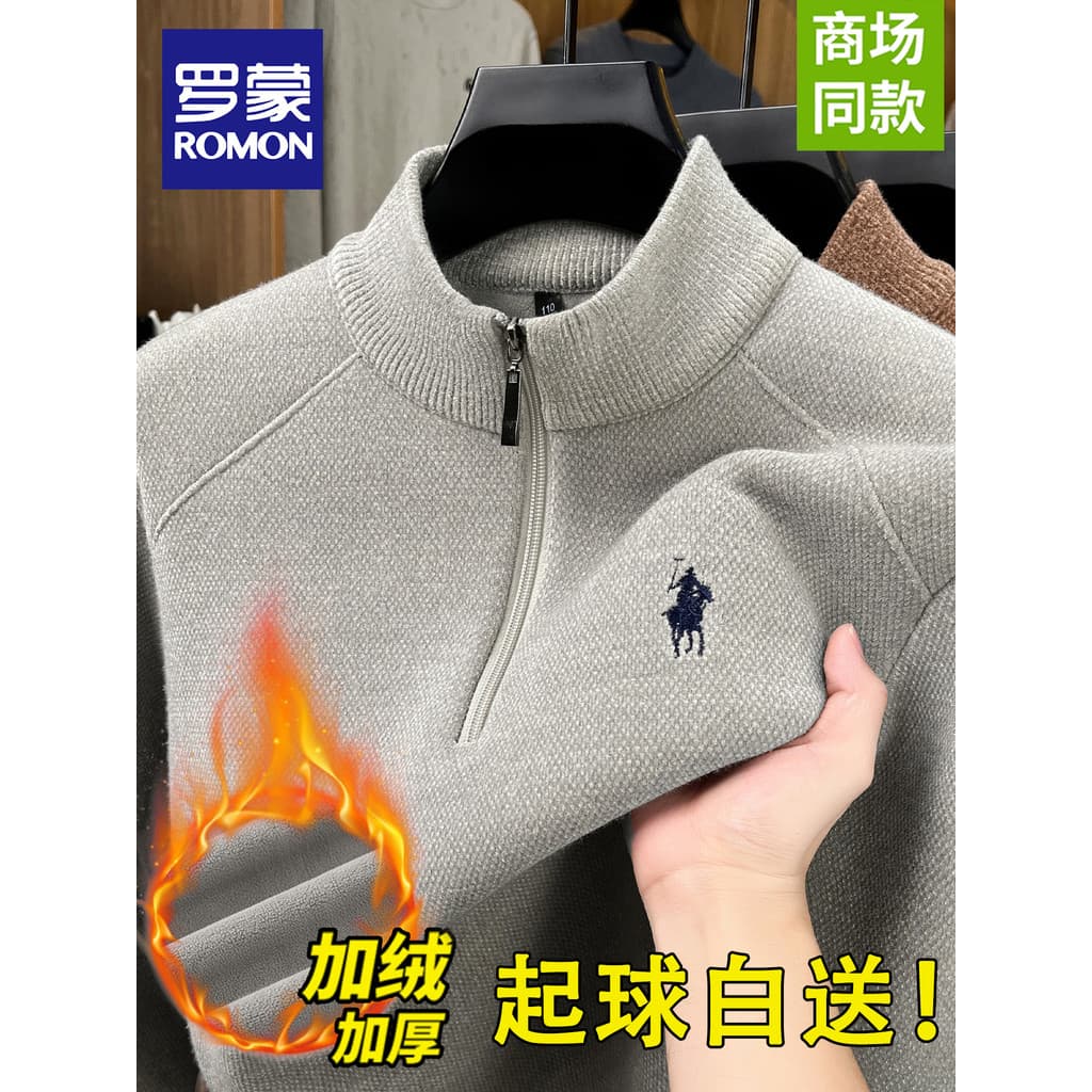 Lomon meia gola alta zíper de uma peça velo furão velo camisola masculina inverno novo estilo forro de lã engrossado cam