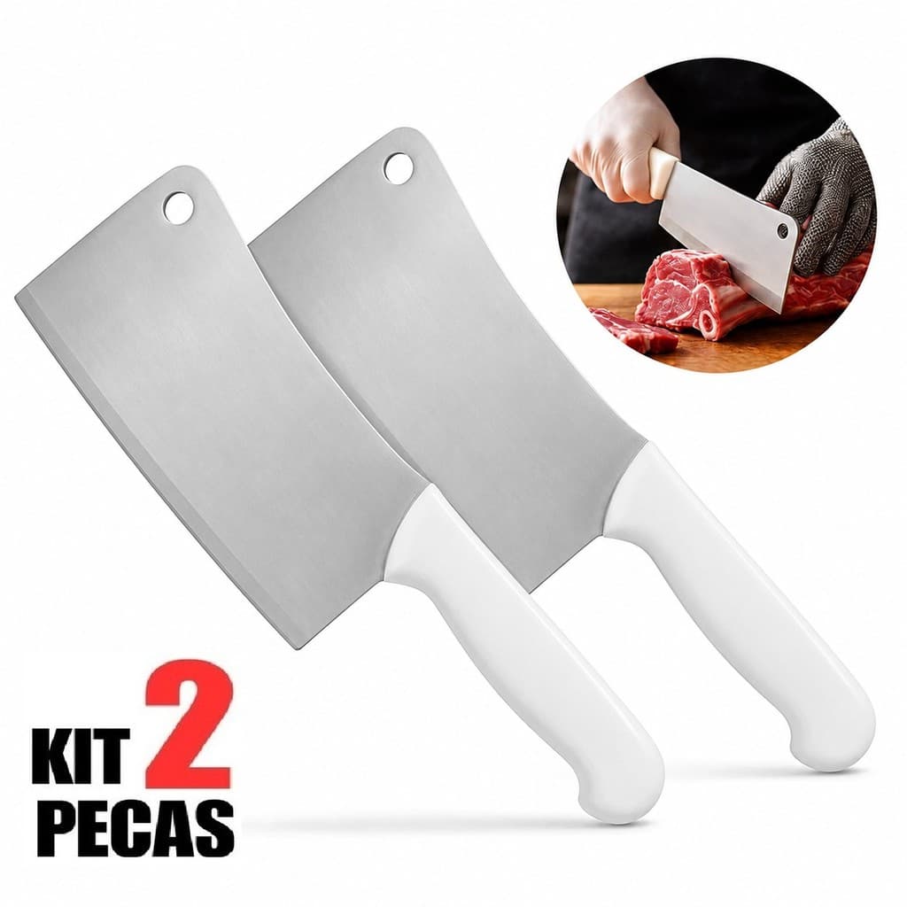 2 Facas Cutelo Machadinha Profissional Inox 6 Polegadas Do Chef Cabo cor Branco 28,5 cm