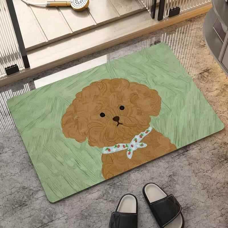 Tecnologia velo tapete criativo pintura a óleo filhote de cachorro tapete de entrada porta banheiro absorvente