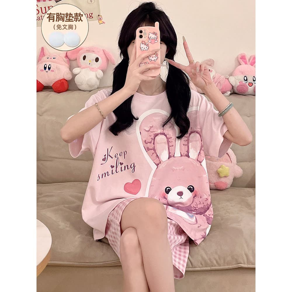 Pijamas de algodão puro feminino verão com almofada no peito manga curta 2025 novo estilo roupas para casa podem usar fo