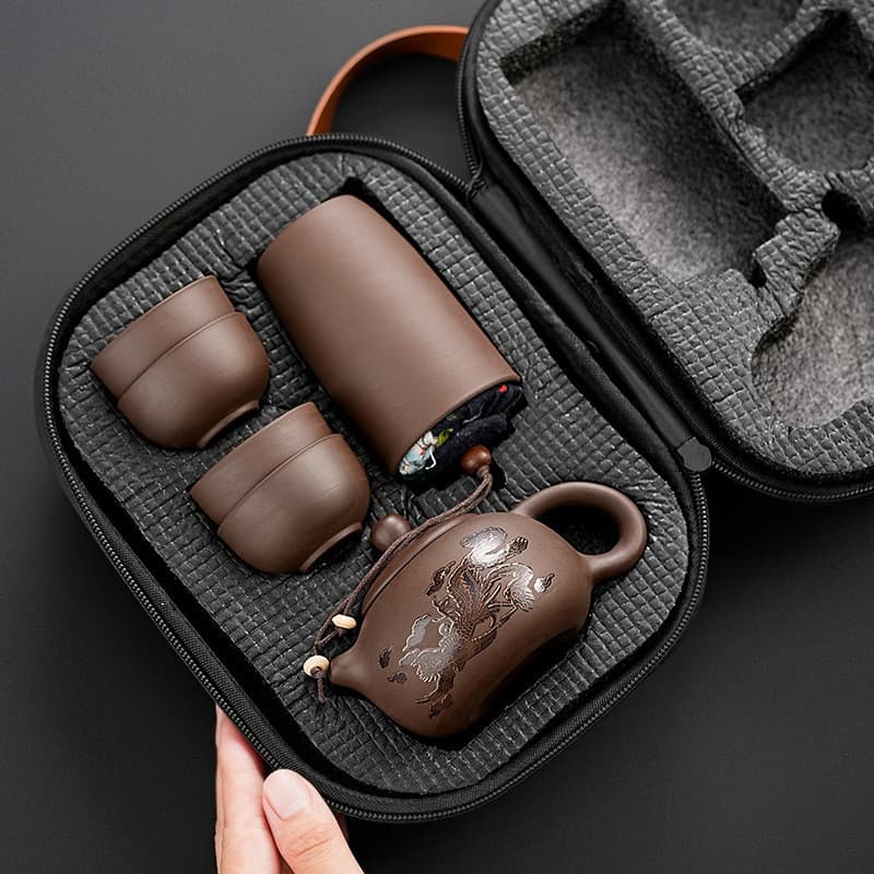 Zisha conjunto de chá para viagem, um pote, quatro xícaras, armazenamento portátil ao ar livre, copo rápido, Kung Fu, pe