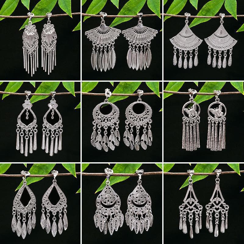 Estilo exótico clipes de orelha minoria étnica Miao prata borla brincos Retro sem piercing brincos exagerados Yunnan bri