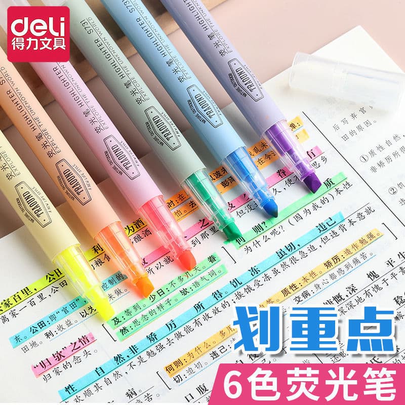 Deli Highlighter Alunos da escola primária usam marcador de cor Caneta marcadora de chave de curso Cabeça oblíqua Alunos