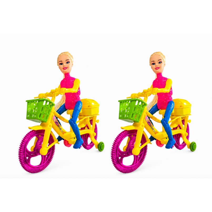 Kit 2 Bonecas Ciclistas com Bicicleta Infantil – Brinquedo que Pedala com Cesta e Acessórios