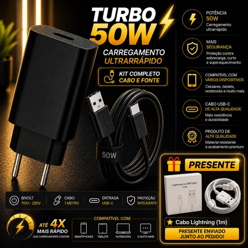 KIT Combo Carregador Turbo 50W Cabo e Fonte Tipo C Para Celular Android USB-C Resistente + Cabo USB Lightning Iphone