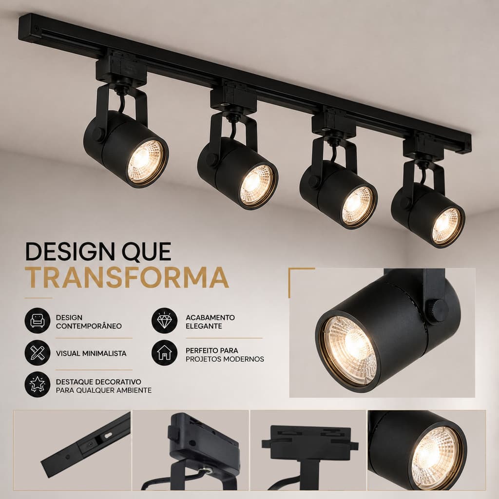 DELIS Luminária Trilho Eletrificado 1m com 4 Spots LED MR16 GU10 6W 2700K Luz Quente Bivolt Direcionável