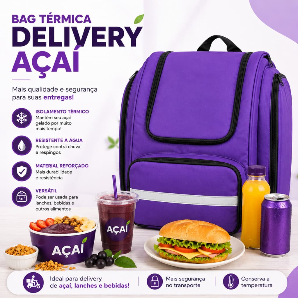 Mochila Bag 99 Térmica Motoboy Entrega Delivery Roxa Para Açaí Lanches Bebidas Feminina Unissex Bicicleta Prende no Baú