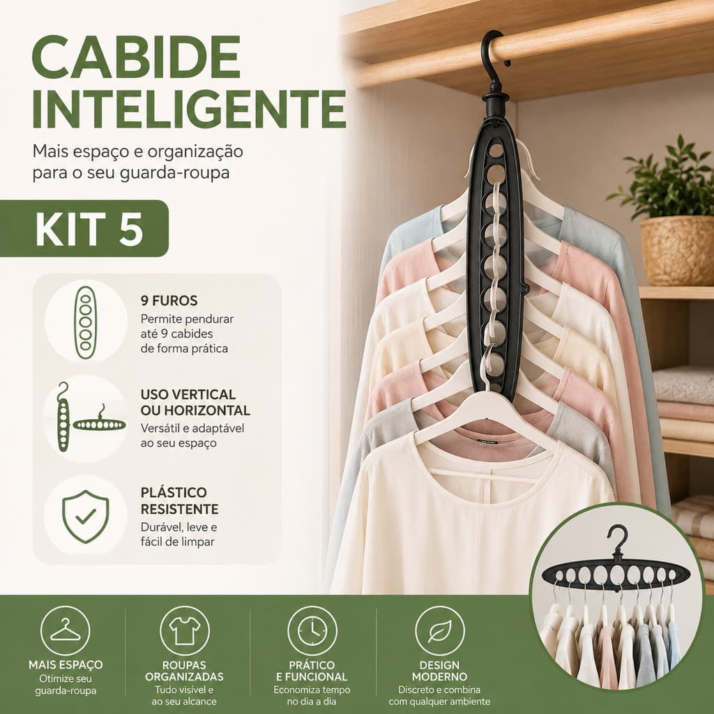 Kit 5 Cabide Inteligente Organizador Multiuso Vertical Horizontal para Guarda-Roupa