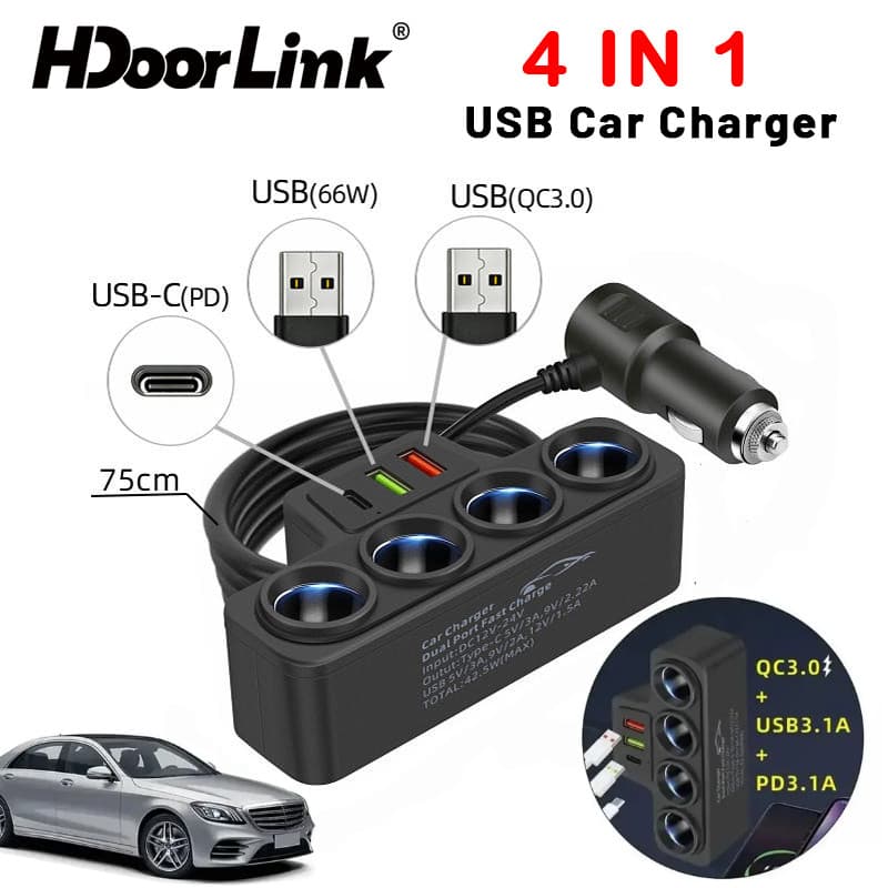 HdoorLink 120W Adaptador De Carregador De Carro USB 4 Soquete Divisor 12V/24V Carga Rápida Tomada De Energia Automática