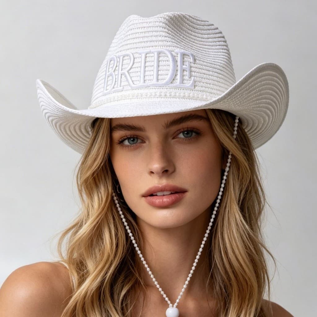[Novo produto] Chapéu de Cowboy ocidental feminino chapéu de noiva chapéu de palha bordado carta pérola cordão chapéu de