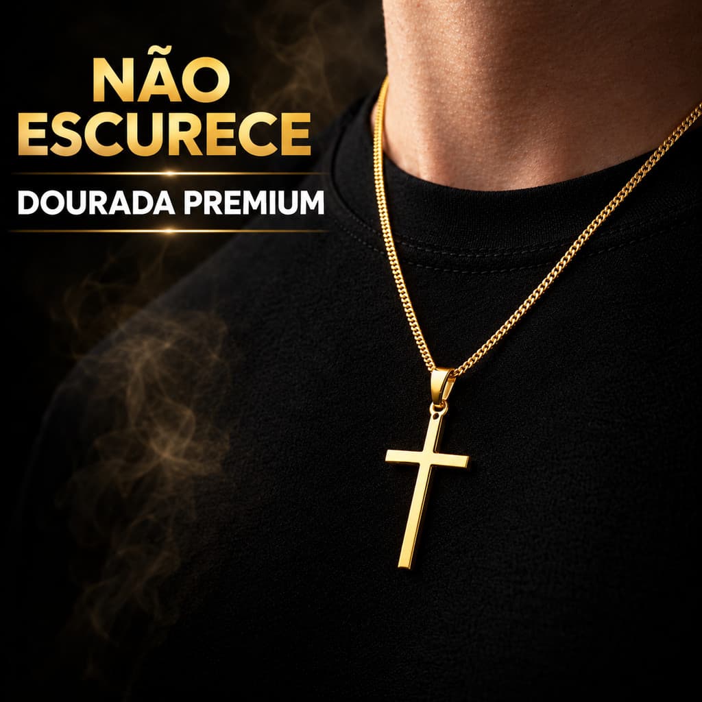 Corrente Masculina com Pingente Cruz Aço Inox Prata ou Dourada + Pulseira de Brinde