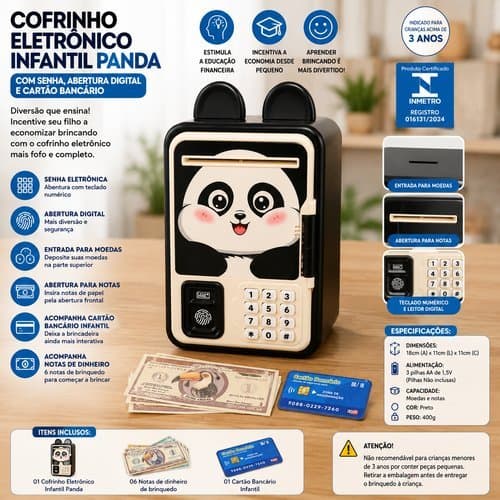 Cofre Infantil Digital Panda Seguro Com Senha Divertido Protecao Economizar