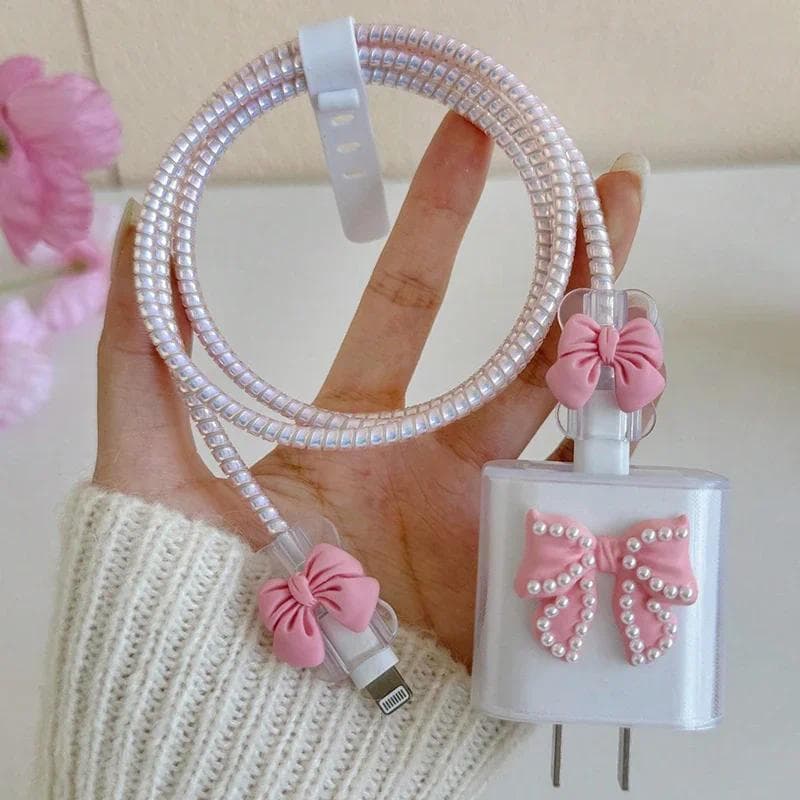 Bonito Rosa Bowknot Transparente Silicone Carregador Caso Compatível Para Apple 18/20W Cabo De Carregamento Capa Proteto