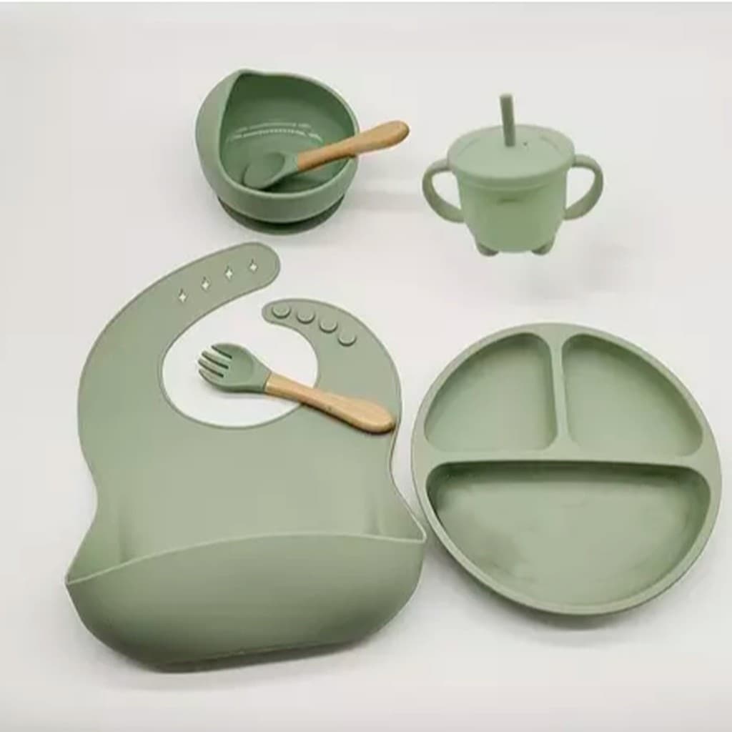 Kit Talheres de Silicone para Bebê 8 Peças infantil ventosa colher garfo babador canudo alimentação