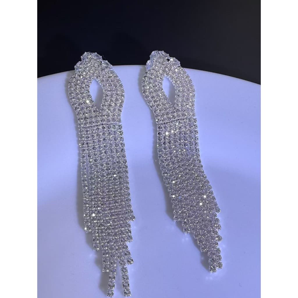 TB Brinquedo Brincos Dourados prata com Franja Strass Brinco Luxo Feminino Brilho Intenso Moda Festa