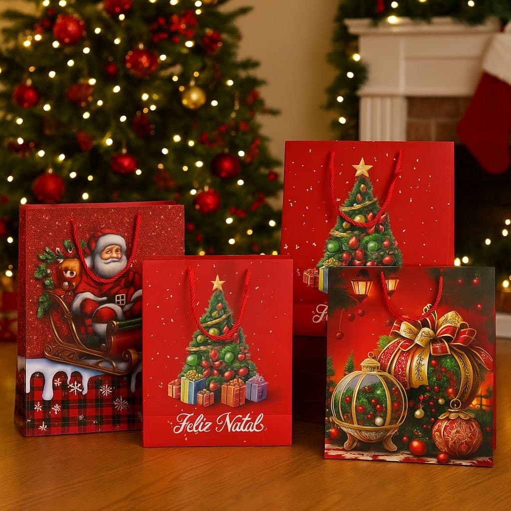 Kit Sacola Para Presente Árvore De Natal Papai Noel 3D