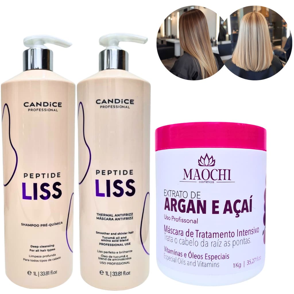 Kit Alisamento Capilar Profissional Escova Progressiva Peptide Liss 1L+Sh Pré+Masc Neutralizante Maochi Argan e Açaí 1Kg