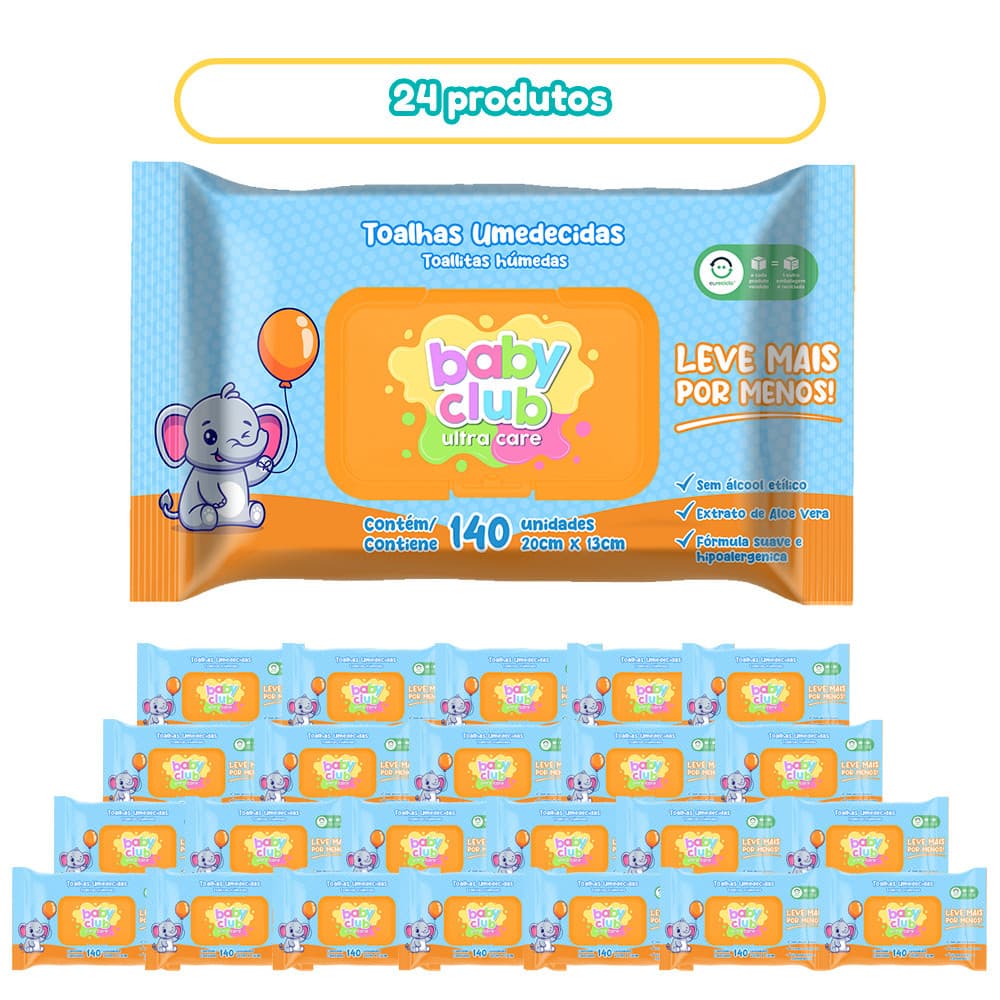 Kit 24 Toalha Umedecida  Baby Club Tradicional 140 Folhas Cada
