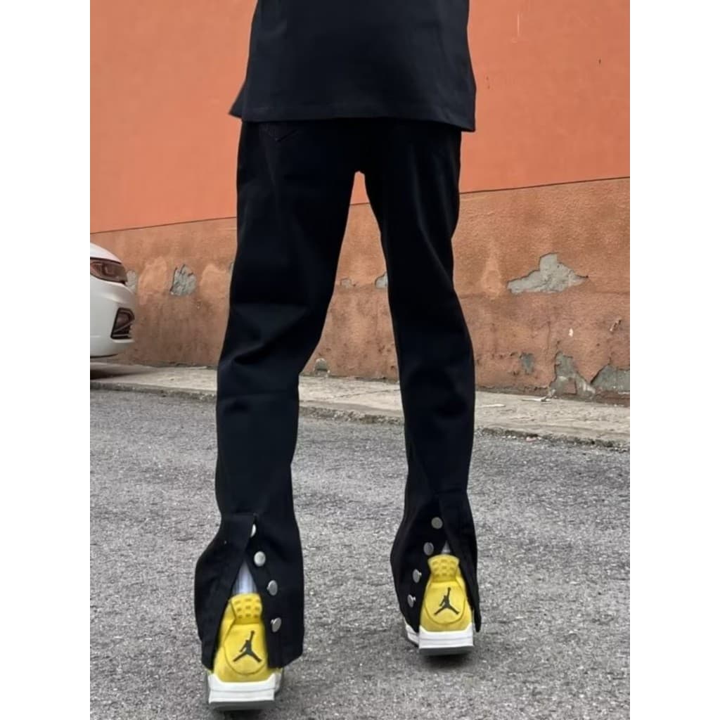 Americano High Street Retro preto botão fenda Jeans masculino Design moderno nicho Micro-queimado mais magro olhar calça