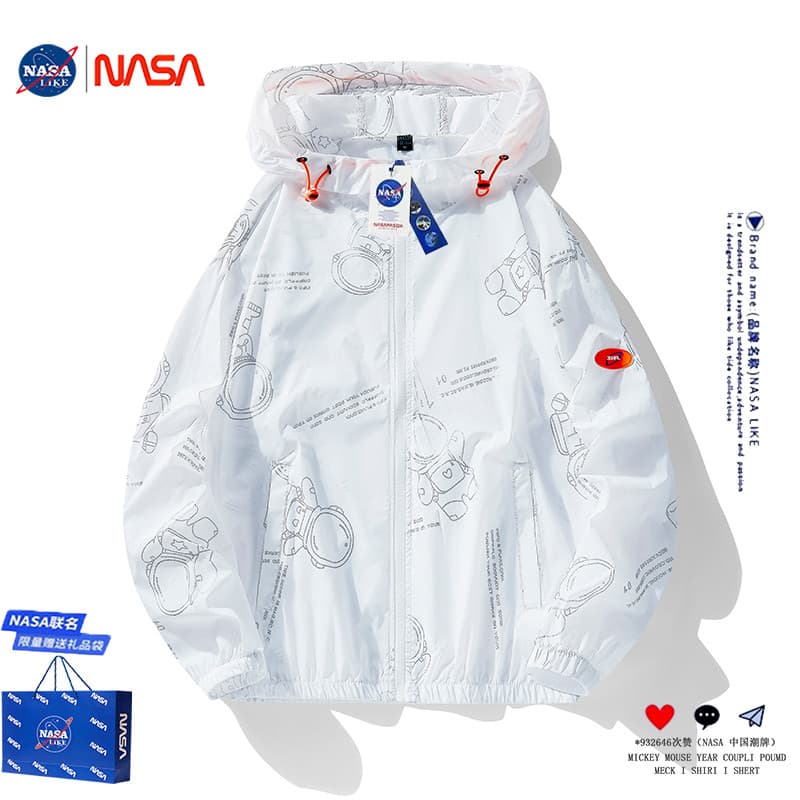 NASA Oficial Co-Branded Protetor Solar Roupas Homens Verão Street Wear Estilo Fino Respirável Roupas de Pele de Seda Gel