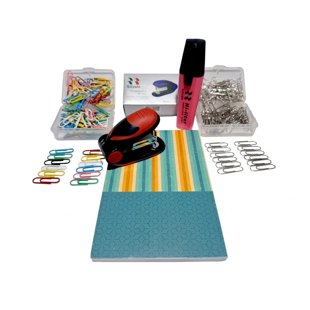 Kit: Grampeador Vermelho;2 Caixas Clips Color/Prata; Marca Texto Rosa;  Bloco Notas