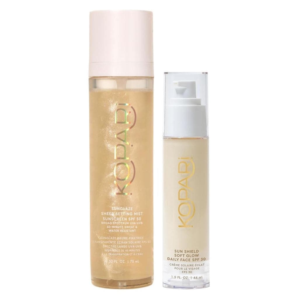 Spray Fixador de Maquiagem Transparente com Protetor Solar Kopari SPF50 e Protetor Solar Diário Leve e Suave SPF30