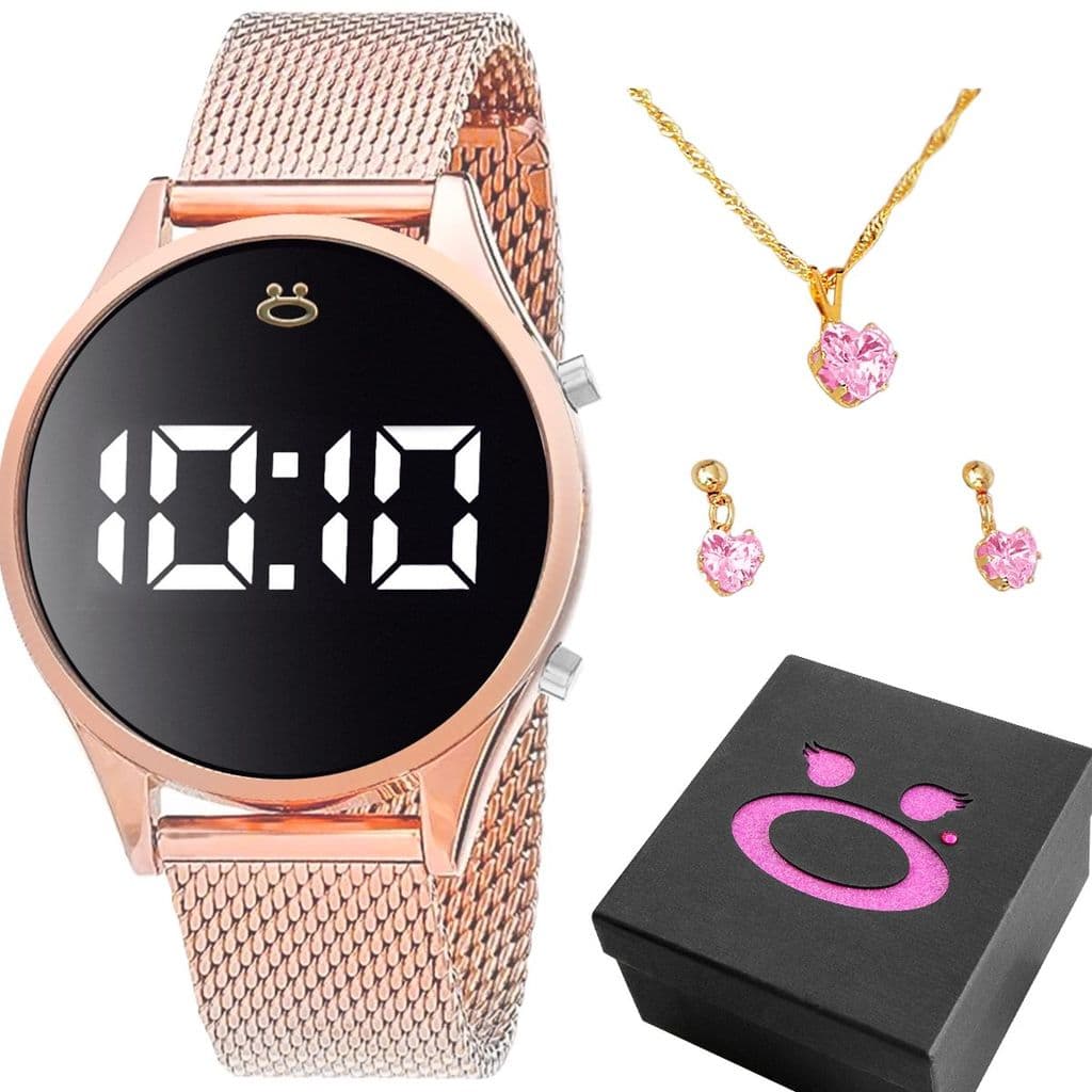 Relogio digital feminino led + caixa + colar strass + brinco