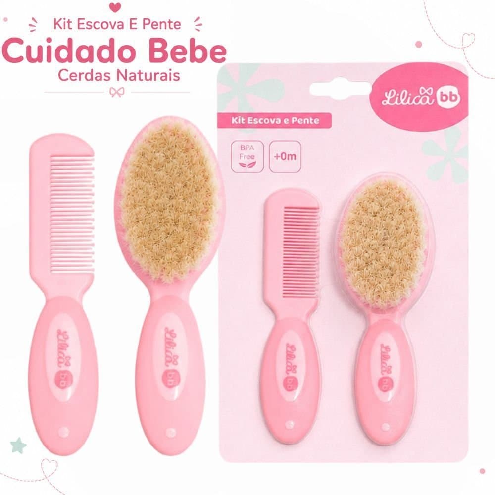 Kit Escova E Pente Cuidado Bebe Cerdas Naturais Lilica BB