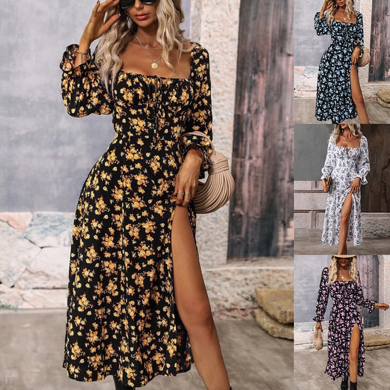 2026 Cross-Border outono inverno novo estilo impresso manga comprida Halter vestido boêmio feminino